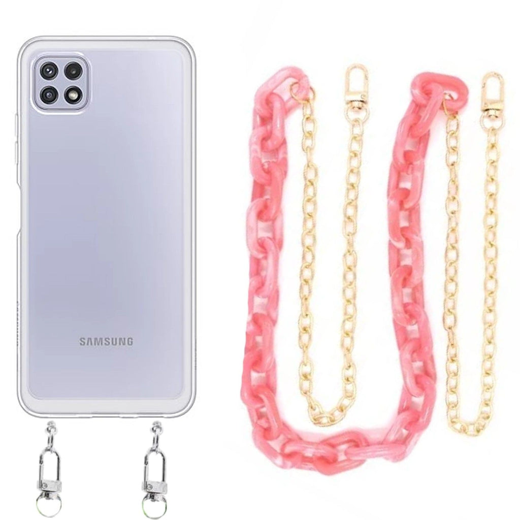 Capa cristal com cordão corrente rosa para Samsung Galaxy A22 5G