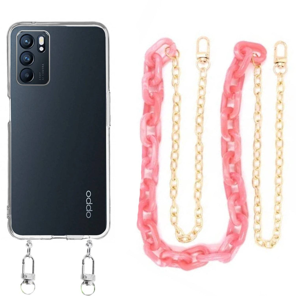 Capa cristal com cordão corrente rosa para Oppo Reno 6 5G