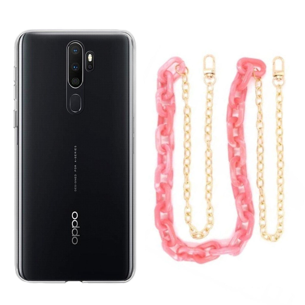 Capa cristal com cordão corrente castanho para Oppo A9