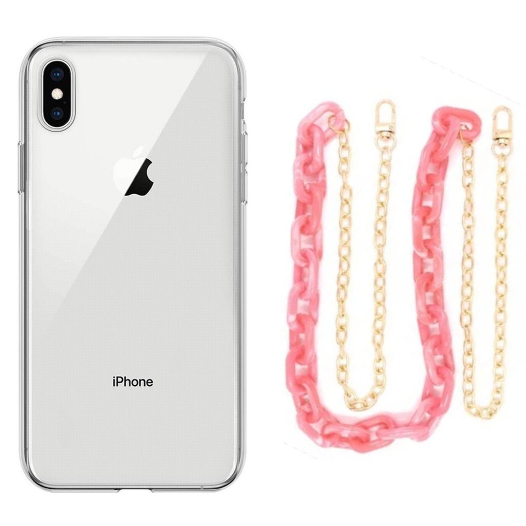 Capa cristal com cordão corrente rosa para iPhone Xs Max