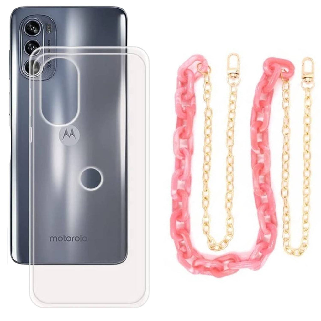 Capa cristal com cordão corrente rosa para Motorola Moto G62 5G