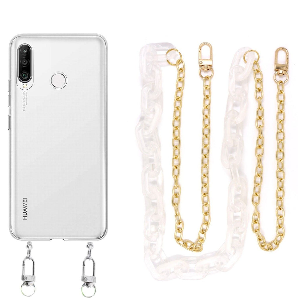 Capa cristal com cordão corrente branco para Huawei P30 Lite