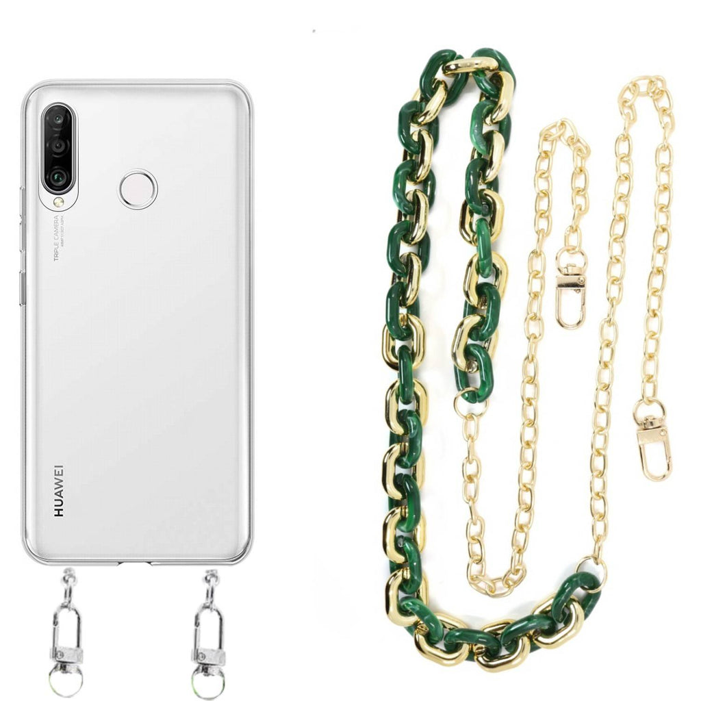 Capa cristal com cordão corrente verde para Huawei P30 Lite