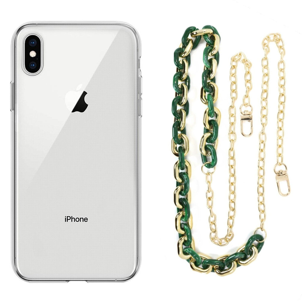 Capa cristal com cordão corrente verde para iPhone Xs Max