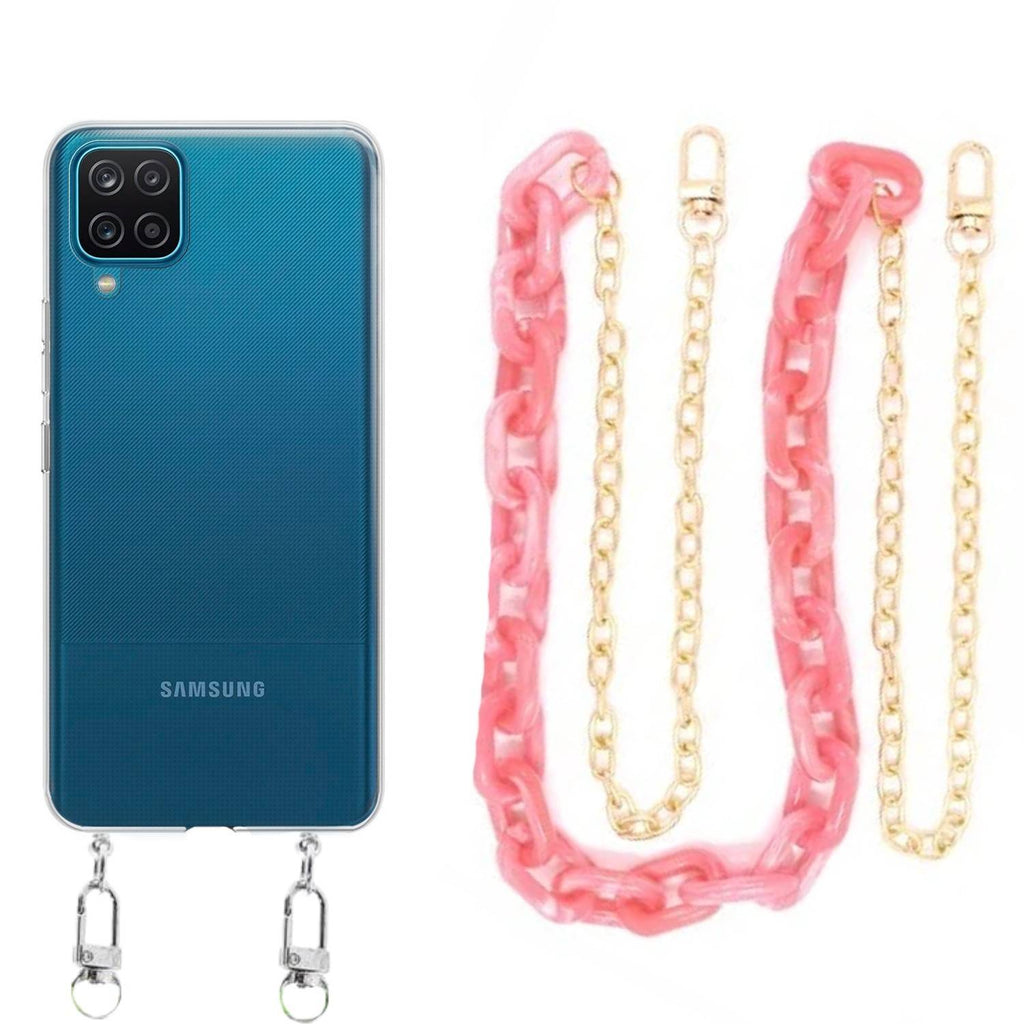 Capa cristal com cordão corrente rosa para Samsung Galaxy A12