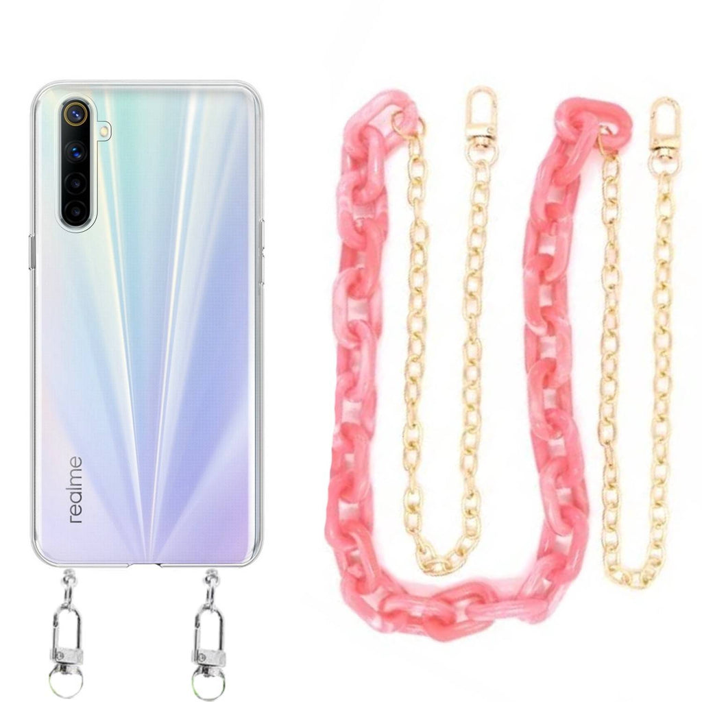 Capa cristal com cordão corrente rosa para Realme 6