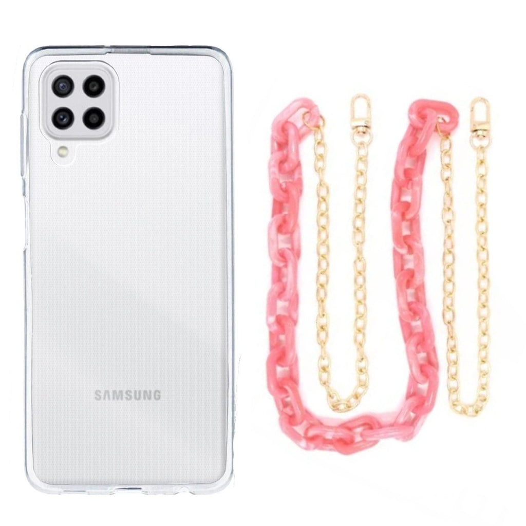 Capa cristal com cordão corrente rosa para Samsung Galaxy M22