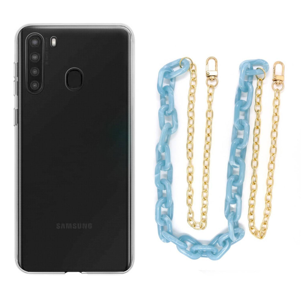 Capa cristal com cordão corrente azul para Samsung Galaxy A21