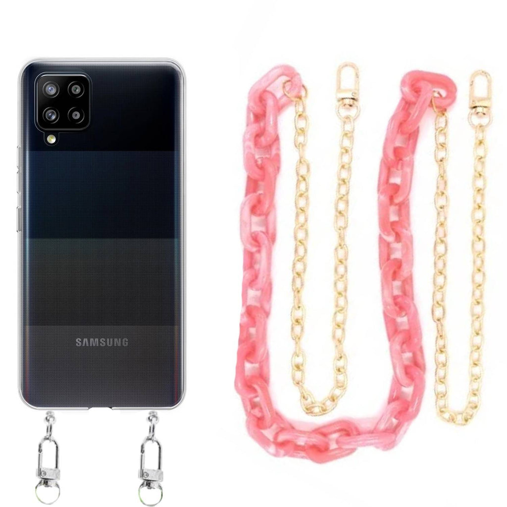 Capa cristal com cordão corrente rosa para Samsung Galaxy A42 5G