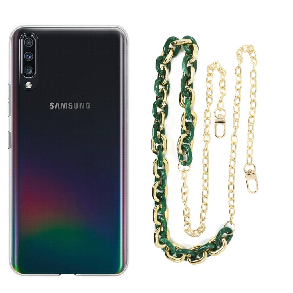 Capa cristal com cordão corrente verde para Samsung Galaxy A70