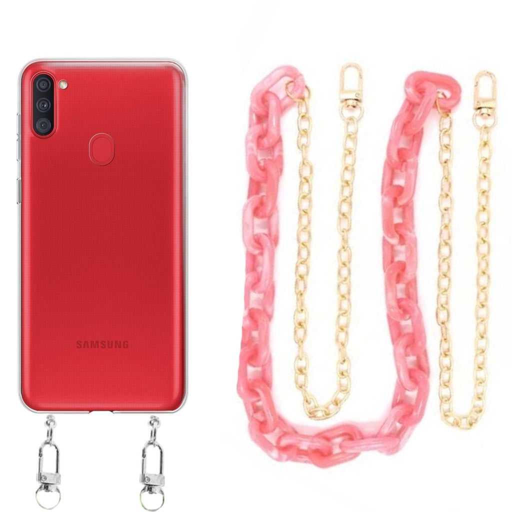 Capa cristal com cordão corrente rosa para Samsung Galaxy A11