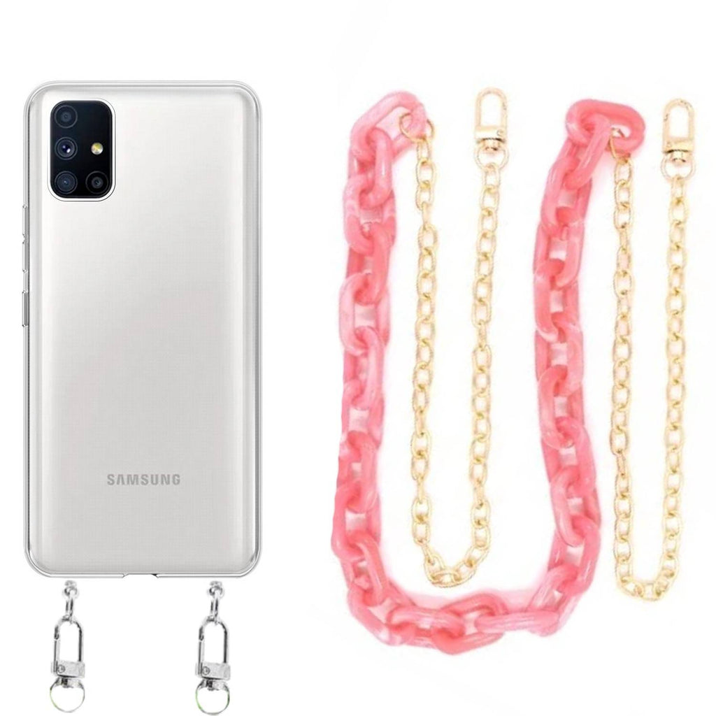 Capa cristal com cordão corrente rosa para Samsung Galaxy M51