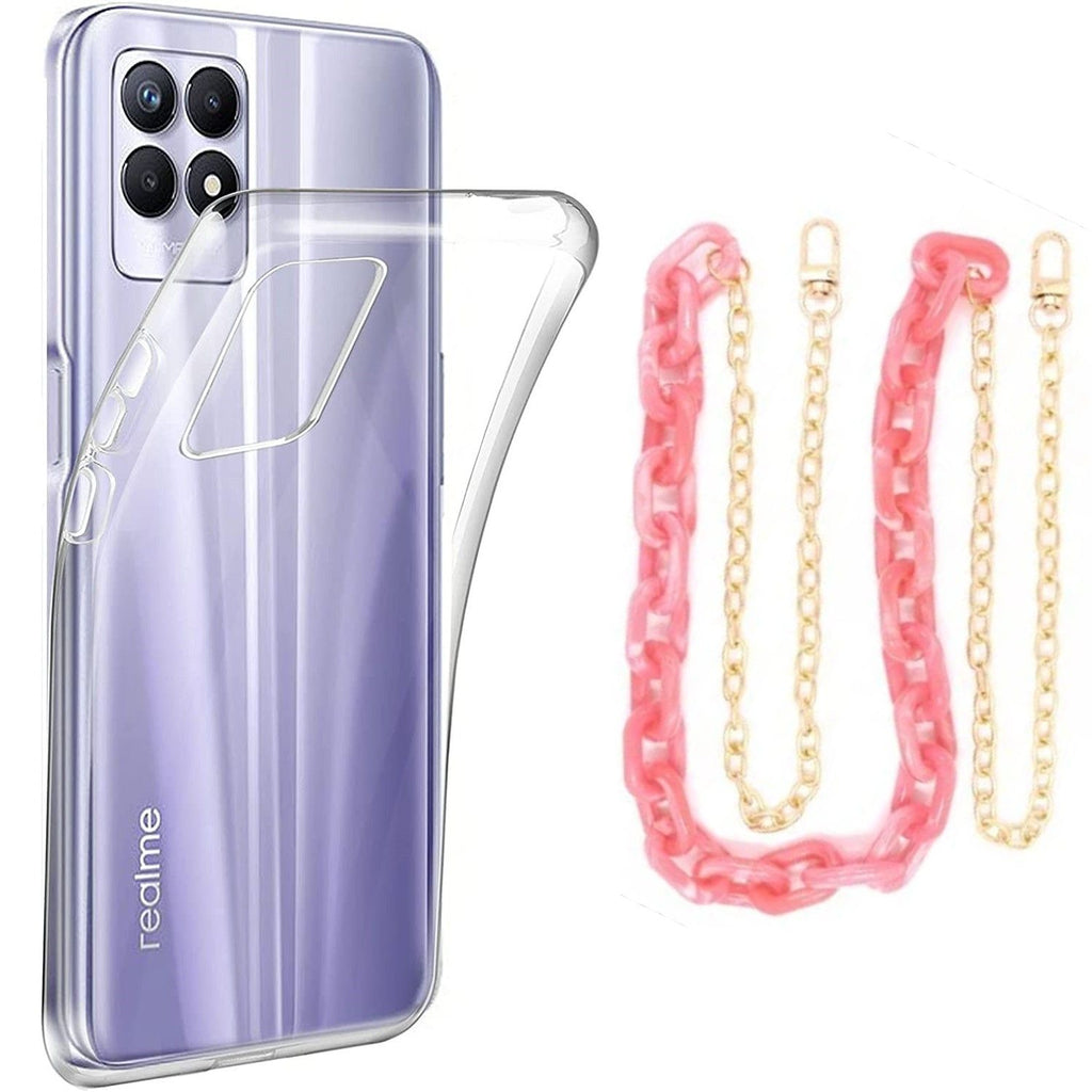 Capa cristal com cordão corrente rosa para Realme 8i