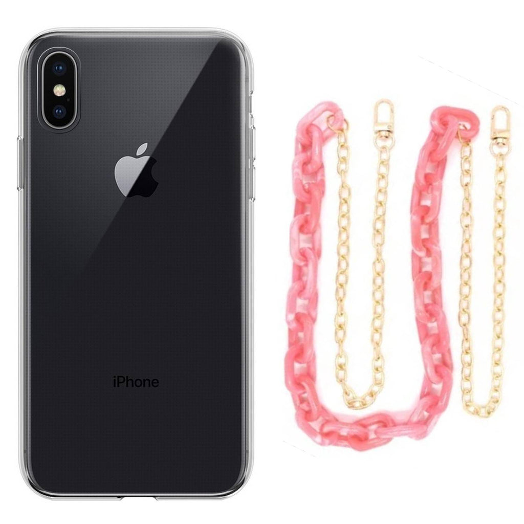 Capa cristal com cordão corrente rosa para iPhone X